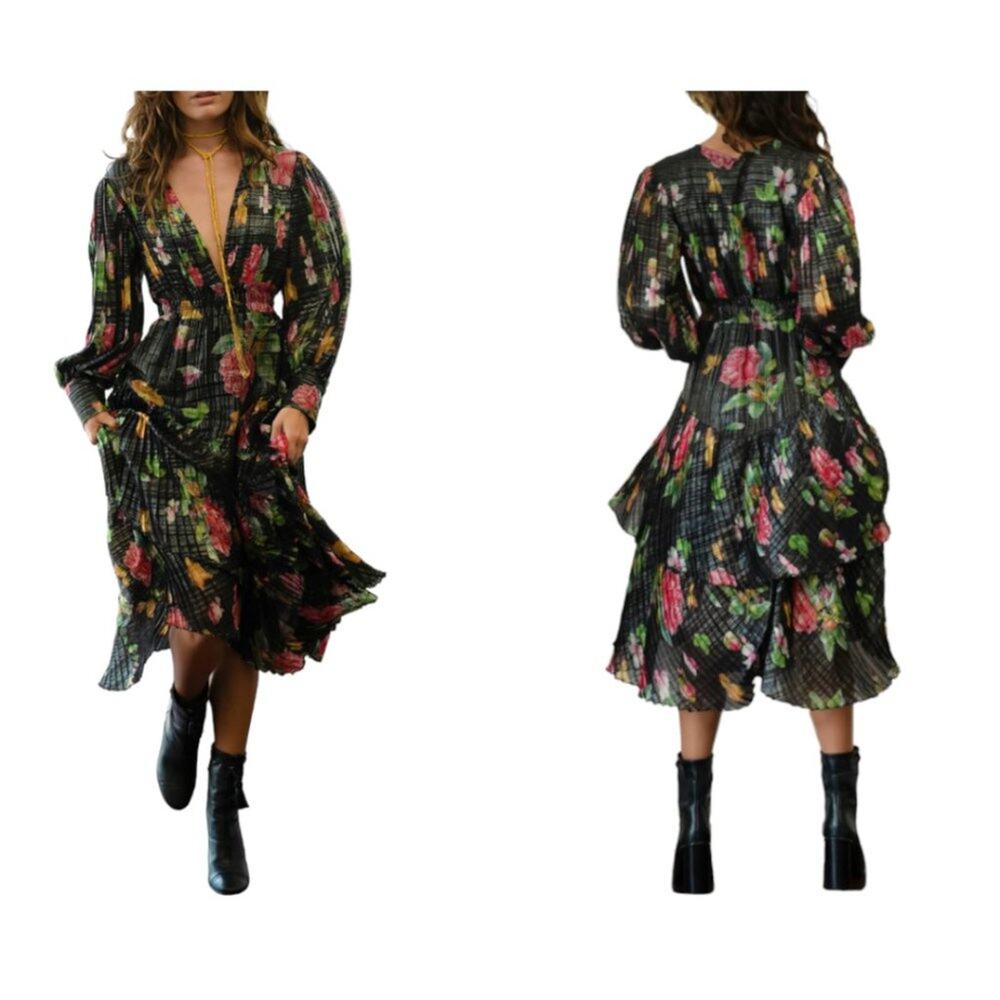 Barok Black Floral Pleated Long Sleeve Midi Dress Size Small NWOT $188 MSRP